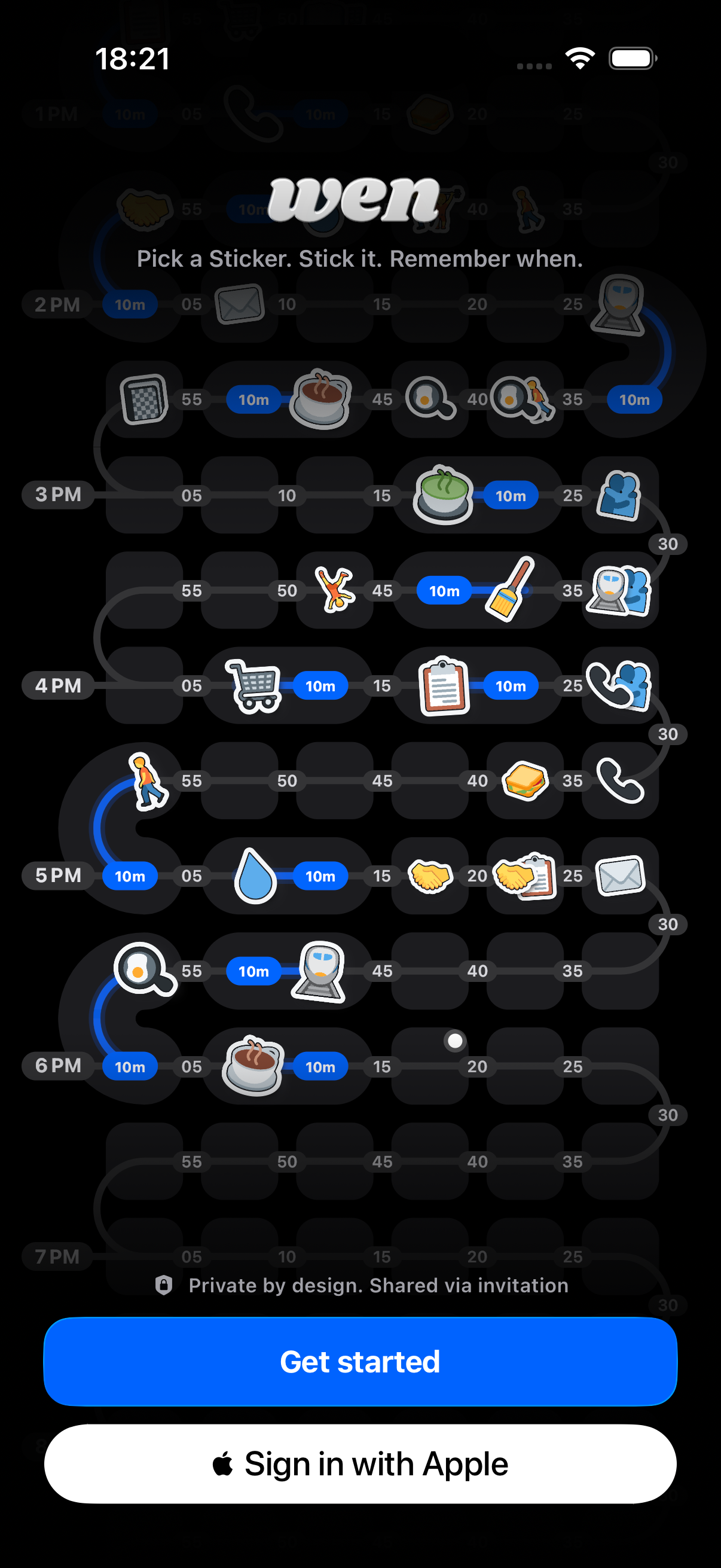 Wen on iPhone showing a day as a visual Timeline filled with everyday Stickers